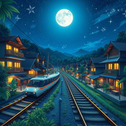 A beautiful anime-style book cover featuring a nighttime scene set in Indonesia, showcasing a modern train gliding along railway tracks