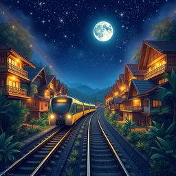 A beautiful anime-style book cover featuring a nighttime scene set in Indonesia, showcasing a modern train gliding along railway tracks