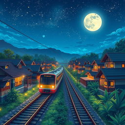 A beautiful anime-style book cover featuring a nighttime scene set in Indonesia, showcasing a modern train gliding along railway tracks