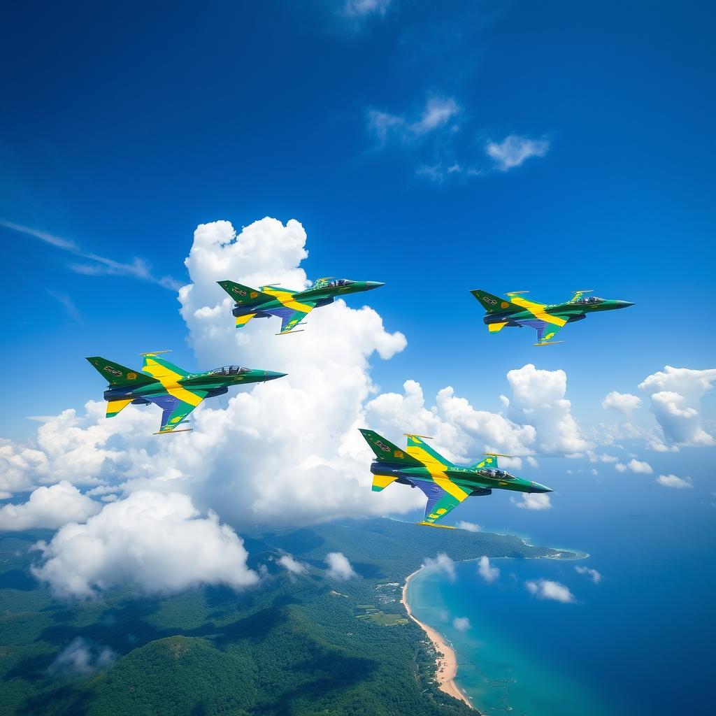 A dynamic scene featuring Brazilian fighter jets in action, soaring through a clear blue sky filled with fluffy white clouds