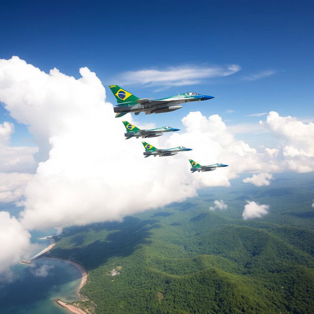 A dynamic scene featuring Brazilian fighter jets in action, soaring through a clear blue sky filled with fluffy white clouds