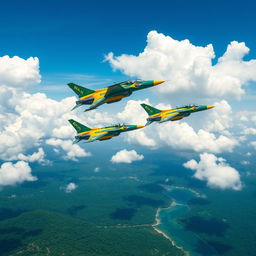 A dynamic scene featuring Brazilian fighter jets in action, soaring through a clear blue sky filled with fluffy white clouds