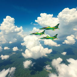 A dynamic scene featuring Brazilian fighter jets in action, soaring through a clear blue sky filled with fluffy white clouds