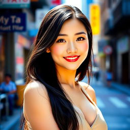 A beautiful Asian woman with a cup size of 90b, featuring long black hair cascading down her shoulders