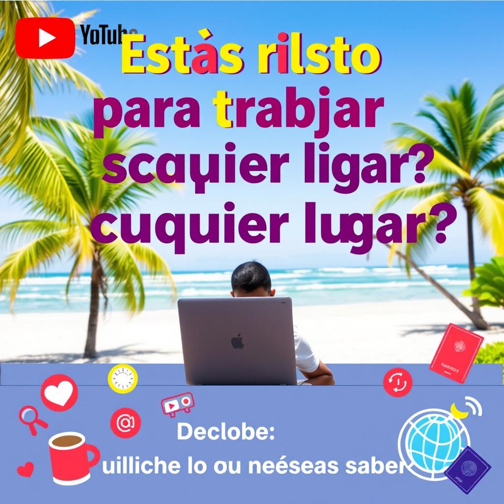 A vibrant and engaging YouTube thumbnail featuring the text in bold letters: '¿Estás listo para trabajar desde cualquier lugar?' and 'Descubre lo que necesitas saber'