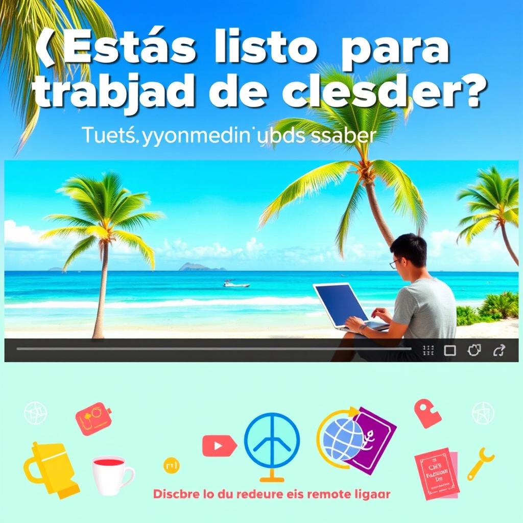 A vibrant and engaging YouTube thumbnail featuring the text in bold letters: '¿Estás listo para trabajar desde cualquier lugar?' and 'Descubre lo que necesitas saber'