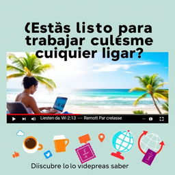 A vibrant and engaging YouTube thumbnail featuring the text in bold letters: '¿Estás listo para trabajar desde cualquier lugar?' and 'Descubre lo que necesitas saber'