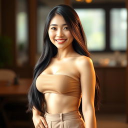 A front portrait of an attractive East Asian woman with a 90B cup size, confidently posing with her waist exposed