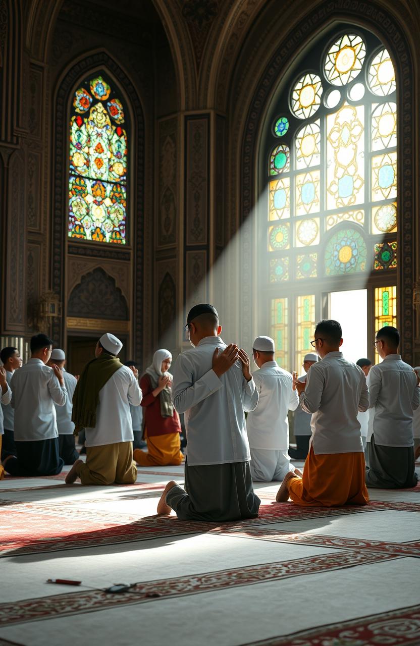 A serene scene depicting a group of Santri (Islamic students) performing Salat (prayer) in a peaceful and spiritual environment