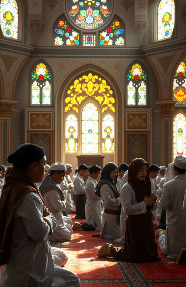 A serene scene depicting a group of Santri (Islamic students) performing Salat (prayer) in a peaceful and spiritual environment