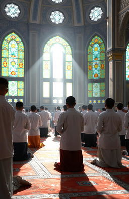 A serene scene depicting a group of Santri (Islamic students) performing Salat (prayer) in a peaceful and spiritual environment