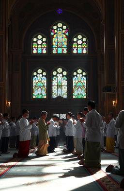 A serene scene depicting a group of Santri (Islamic students) performing Salat (prayer) in a peaceful and spiritual environment