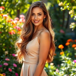 A captivating portrait of a confident woman with long flowing hair, wearing a stylish, elegant dress