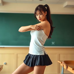 A seductive 18-year-old schoolgirl with a playful and provocative gaze, wearing an ultra-short pleated skirt