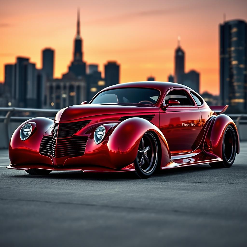 A breathtaking supercar designed as an exotic fusion of a 1939 Chevrolet Coupe, featuring a widebody format