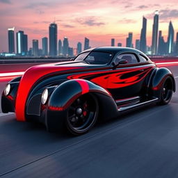 An extraordinary supercar presenting an exotic fusion of a 1939 Chevrolet Coupe, featuring a striking widebody design and wide tires that enhance its aggressive look