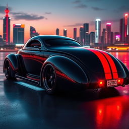 An extraordinary supercar presenting an exotic fusion of a 1939 Chevrolet Coupe, featuring a striking widebody design and wide tires that enhance its aggressive look