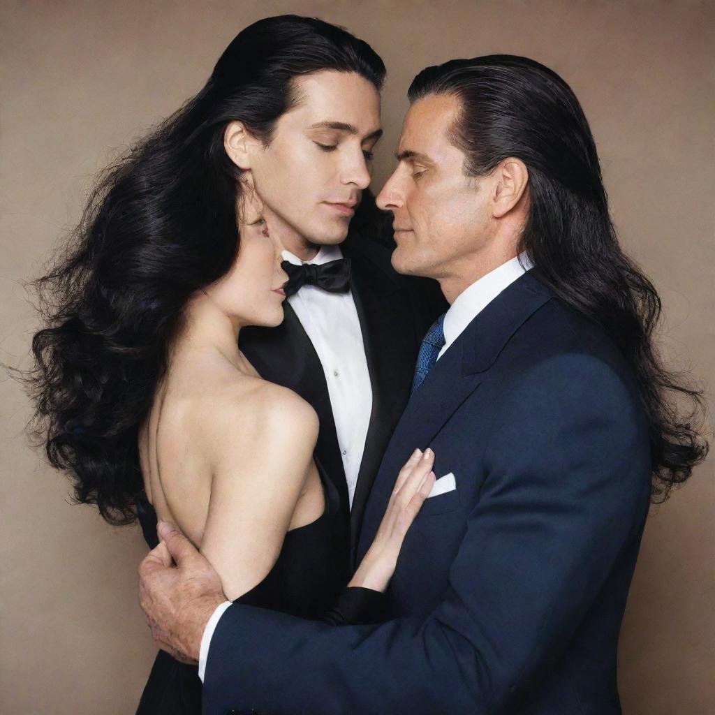 A distinguished man with neatly styled hair, dressed in a sophisticated suit, holds a woman with long, flowing black hair, also dressed in chic corporate attire, in an intimate embrace.