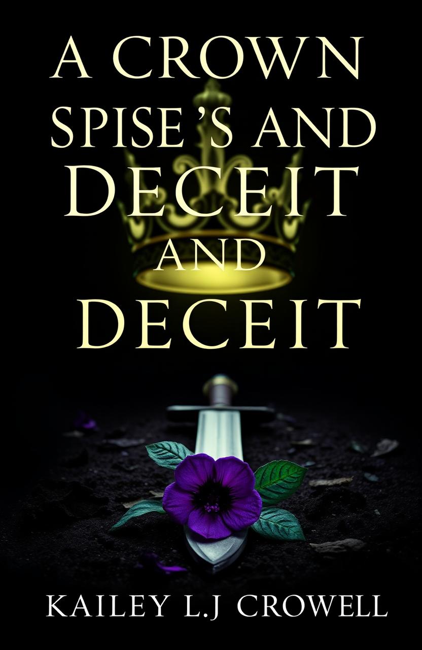 A fantasy book cover featuring a black background titled 'A Crown of Spies and Deceit', authored by Kailey LJ Crowell