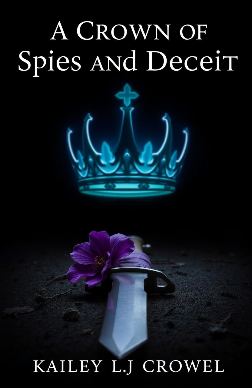 A fantasy book cover featuring a black background titled 'A Crown of Spies and Deceit', authored by Kailey LJ Crowell