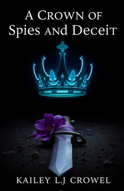 A fantasy book cover featuring a black background titled 'A Crown of Spies and Deceit', authored by Kailey LJ Crowell