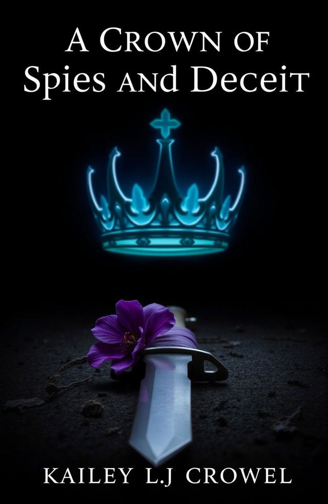 A fantasy book cover featuring a black background titled 'A Crown of Spies and Deceit', authored by Kailey LJ Crowell