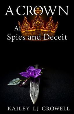 A fantasy book cover featuring a black background titled 'A Crown of Spies and Deceit', authored by Kailey LJ Crowell