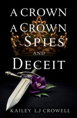 A fantasy book cover featuring a black background titled 'A Crown of Spies and Deceit', authored by Kailey LJ Crowell