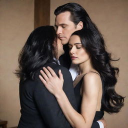 A distinguished man with neatly styled hair, dressed in a sophisticated suit, holds a woman with long, flowing black hair, also dressed in chic corporate attire, in an intimate embrace.