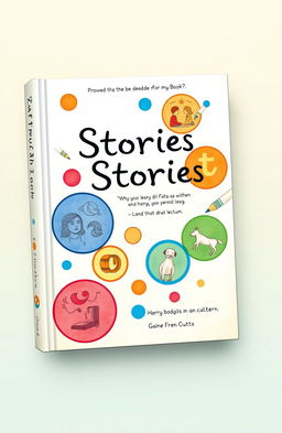 A whimsical book cover design featuring various stories intertwined, represented by circles and pen elements