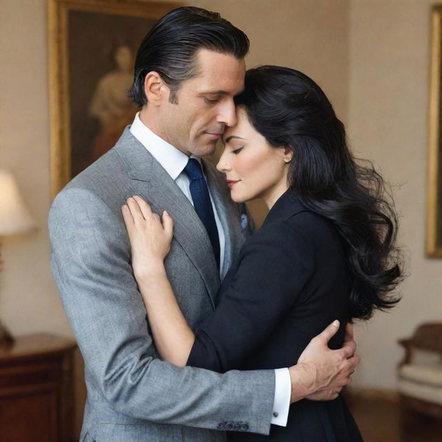 A distinguished man with neatly styled hair, dressed in a sophisticated suit, holds a woman with long, flowing black hair, also dressed in chic corporate attire, in an intimate embrace.