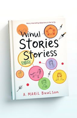 A whimsical book cover design featuring various stories intertwined, represented by circles and pen elements