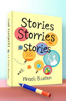 A whimsical book cover design featuring various stories intertwined, represented by circles and pen elements