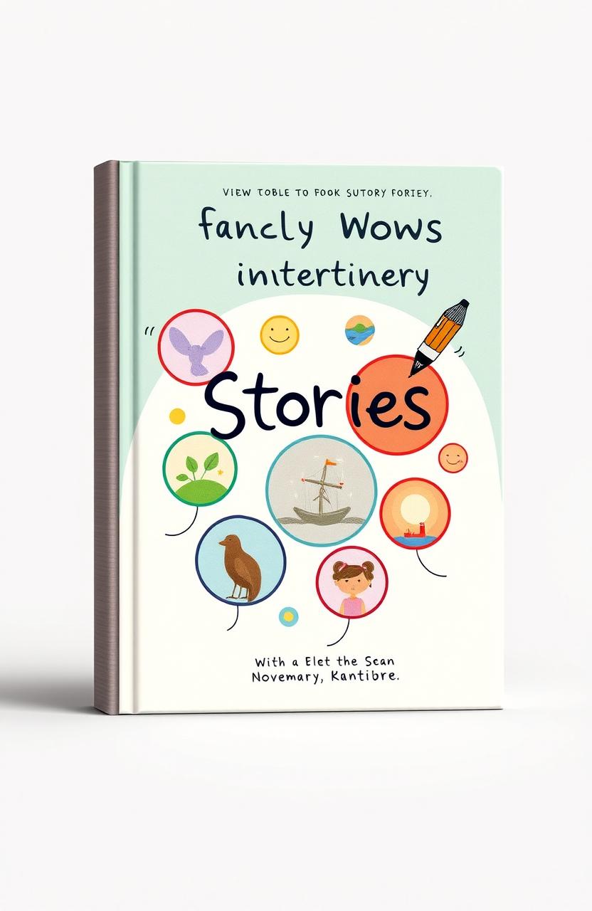 A whimsical book cover design featuring various stories intertwined, represented by circles and pen elements