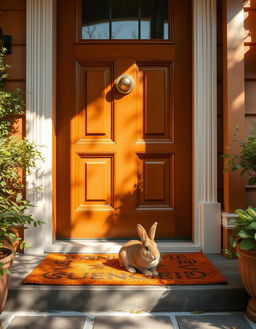 A close-up view of a front door of a cozy house, painted in warm colors