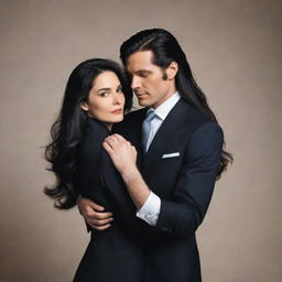 A distinguished man with neatly styled hair, dressed in a sophisticated suit, holds a woman with long, flowing black hair, also dressed in chic corporate attire, in an intimate embrace.