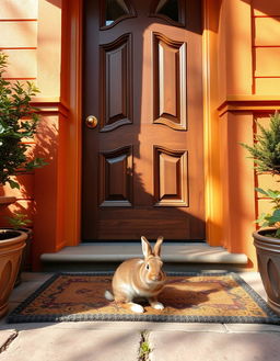 A close-up view of a front door of a cozy house, painted in warm colors