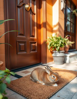 A close-up view of a front door of a cozy house, painted in warm colors