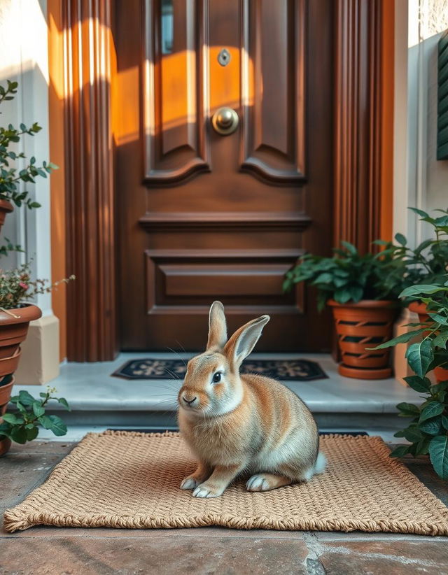 A close-up view of a front door of a cozy house, painted in warm colors