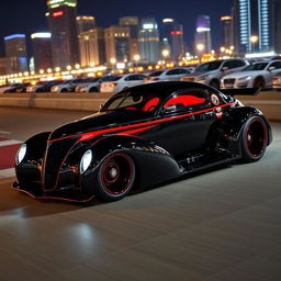 An eye-catching supercar designed as an exotic fusion of a 1939 Chevrolet Coupe, featuring an impressive widebody and wide tires that convey a powerful stance