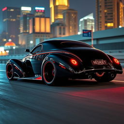 An eye-catching supercar designed as an exotic fusion of a 1939 Chevrolet Coupe, featuring an impressive widebody and wide tires that convey a powerful stance