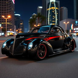 An eye-catching supercar designed as an exotic fusion of a 1939 Chevrolet Coupe, featuring an impressive widebody and wide tires that convey a powerful stance