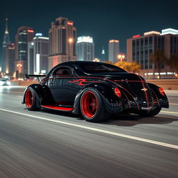 An eye-catching supercar designed as an exotic fusion of a 1939 Chevrolet Coupe, featuring an impressive widebody and wide tires that convey a powerful stance