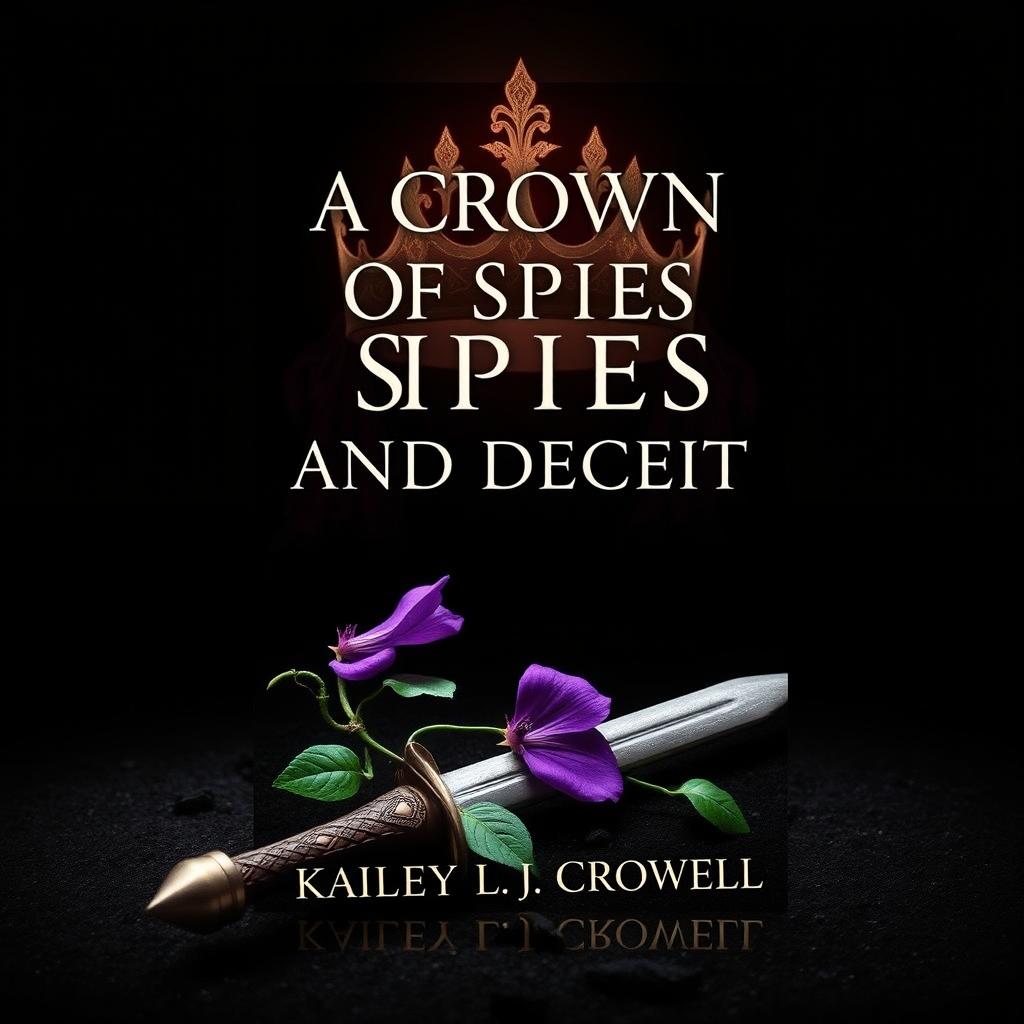 A fantasy book cover featuring a black background titled 'A Crown of Spies and Deceit', authored by Kailey L