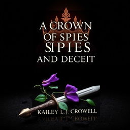 A fantasy book cover featuring a black background titled 'A Crown of Spies and Deceit', authored by Kailey L