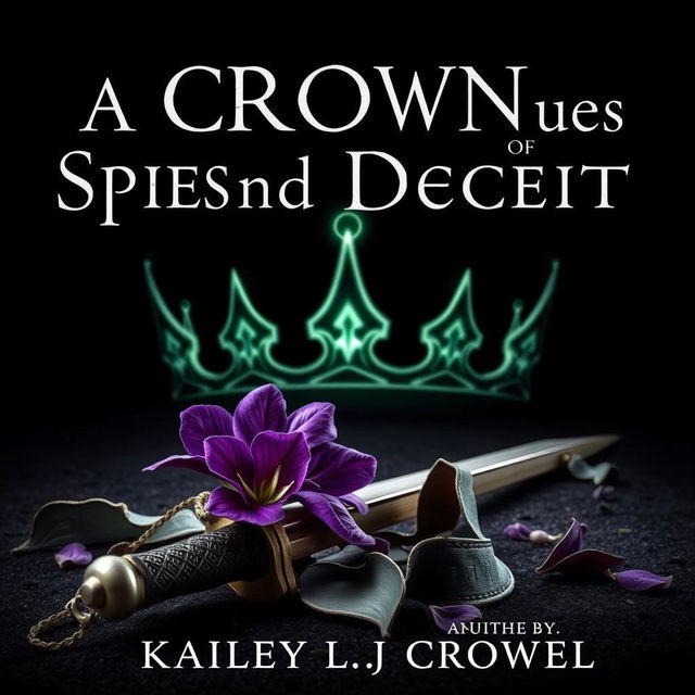 A fantasy book cover featuring a black background titled 'A Crown of Spies and Deceit', authored by Kailey L