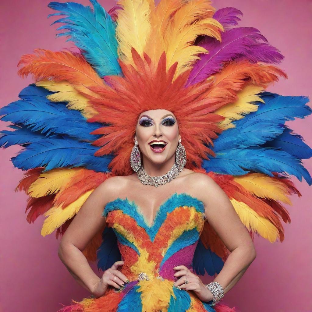 An unidentified cartoon character wearing a vibrant feathered dress costume, ready for a drag race. The character exudes confidence and bold style, ready to take on the challengers.