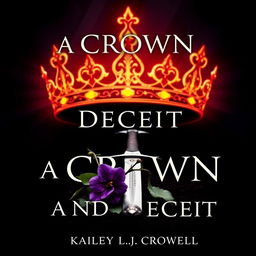 A fantasy book cover featuring a black background titled 'A Crown of Spies and Deceit', authored by Kailey L