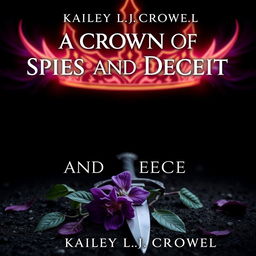 A fantasy book cover featuring a black background titled 'A Crown of Spies and Deceit', authored by Kailey L