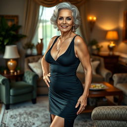 A glamorous and sexy grandmother wearing a tight-fitting, stylish dress that accentuates her curves